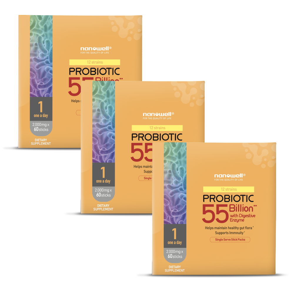 3 BOXES of 12 STRAINS PROBIOTIC 55 BILLION WITH DIGESTIVE ENZYME 60 STICKS for 6 Months