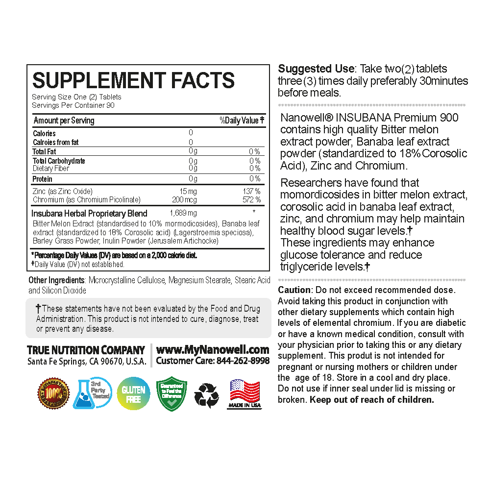 6 Bottles of INSUBANA PRIMIUM 900 (1080 Tablets)
